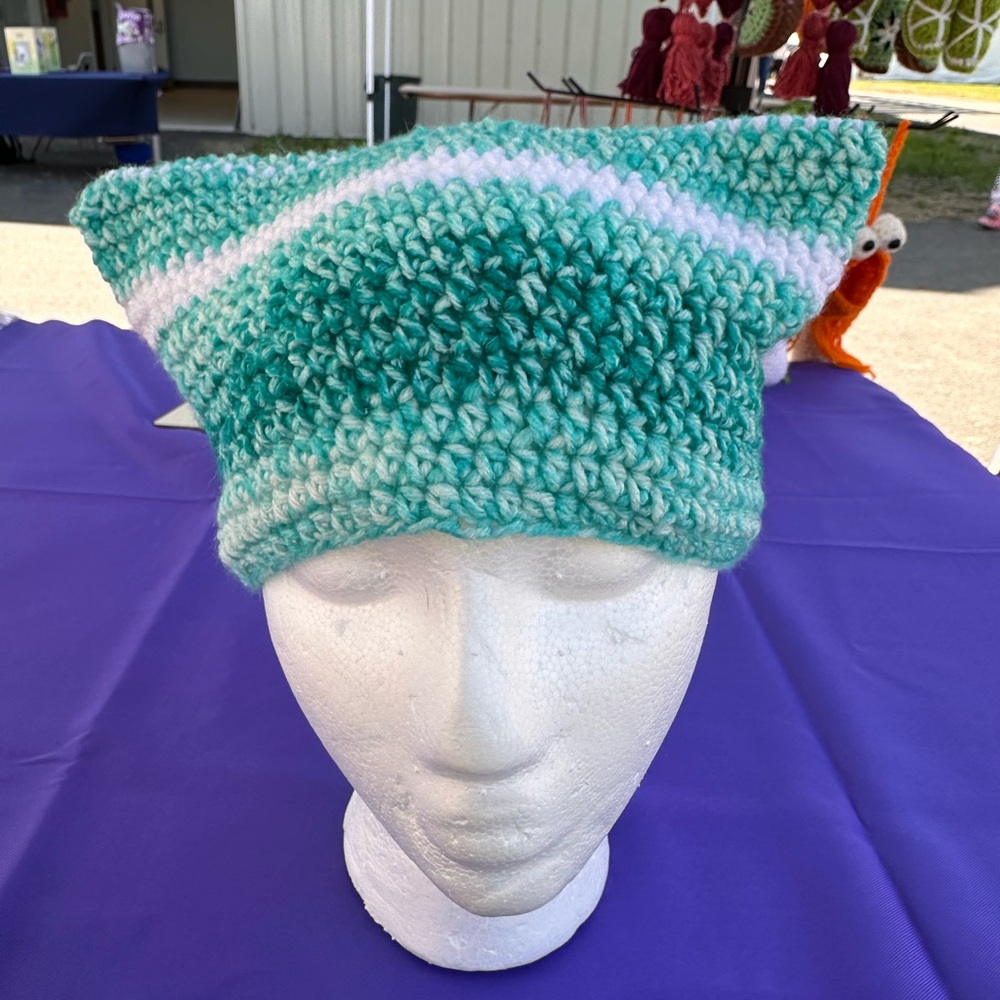 Handmade Teal and White crochet hat